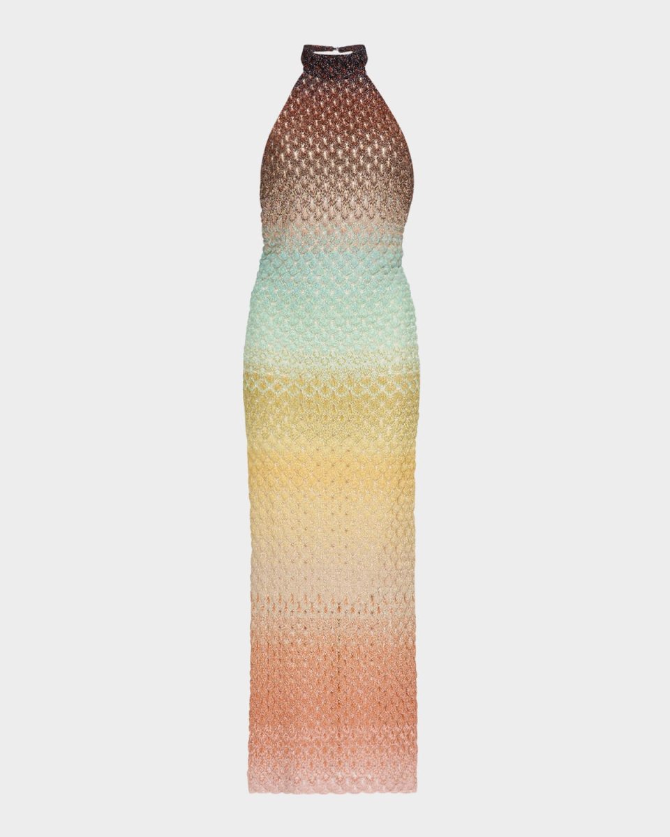 Metallic Ombre Knit Backless Halter Midi Dress